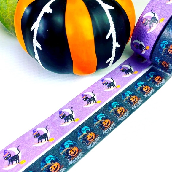 Black Cat Riding Broomstick, Halloween Scene, Washi Tape Set of 2 - Picture 3 of 10